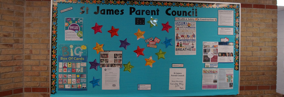 Teal coloured St. James Parent Council bulletin board  with stars and various notices and posters.